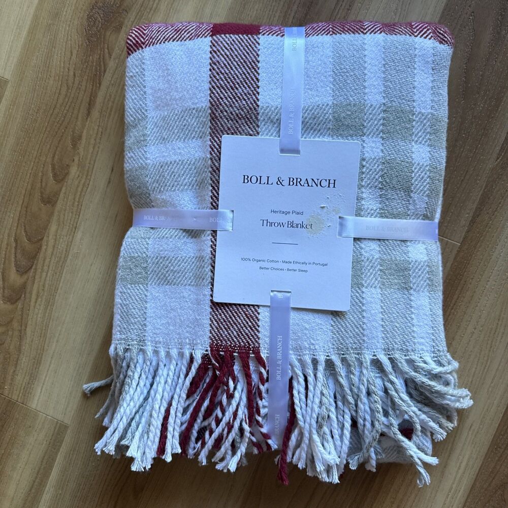 Boll And Branch Heritage Plaid Throw Blanket 50x70 100% Organic Cotton Red/Gray